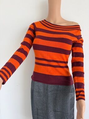 Striped Off-Shoulder Sweater in Orange and Burgundy